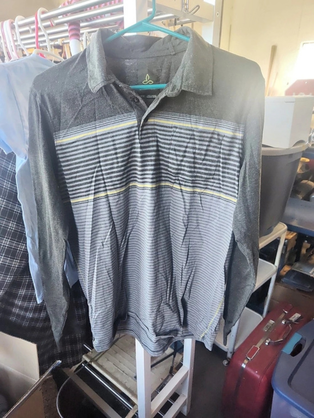 PrAna Striped Polo in Gray & Black Medium Like New
